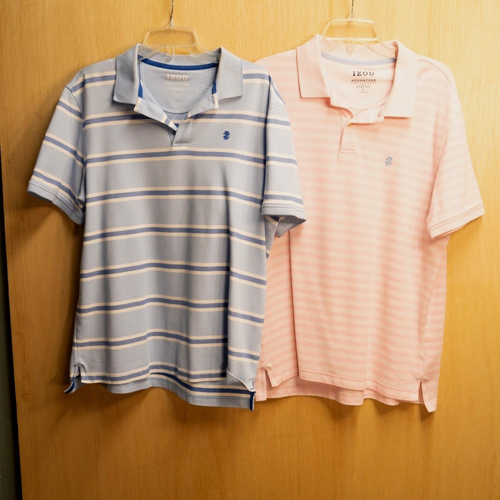 Lot of 2 IZOD Advantage Performance Polo Shirts Mens Large Blue Pink Striped